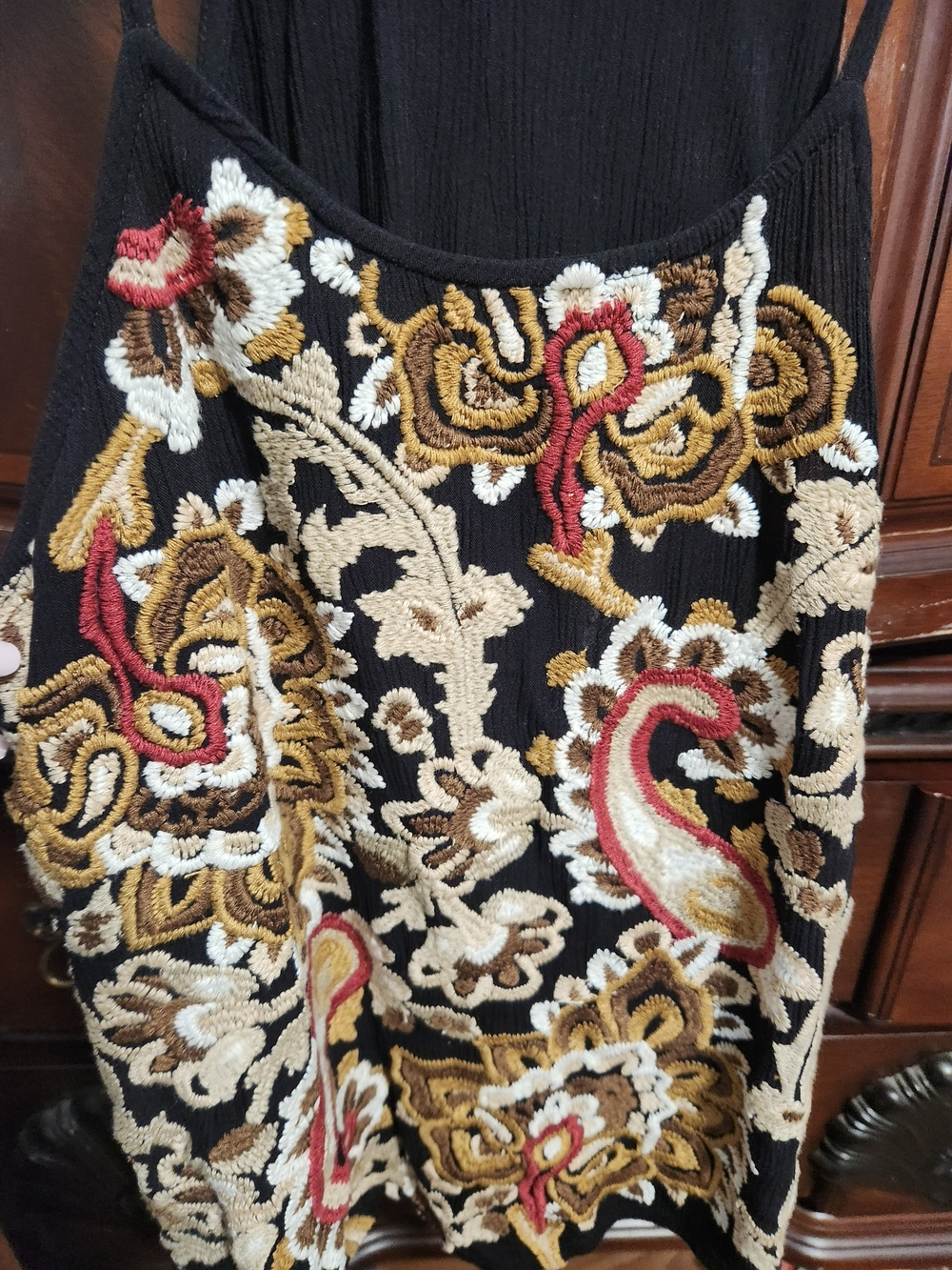 Idyllwind Blouse/tank Top Black with Cream, Brown, Gold & Red Embroidery.